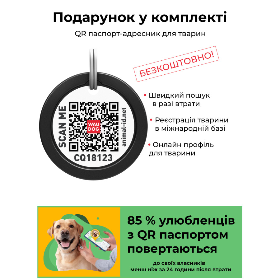 Нашийник для собак WAUDOG Nylon з QR паспортом, малюнок "Етно зелений", металева пряжка-фастекс з площадкою для гравіювання