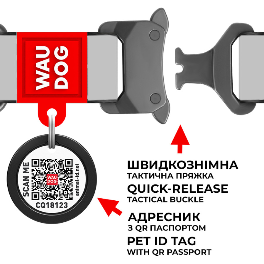 Нейлоновий нашийник для собак великих порід WAUDOG Nylon з QR паспортом, з малюнком "Кавун", металева пряжка-фастекс з площадкою для гравіювання, 46-70 см 35 мм