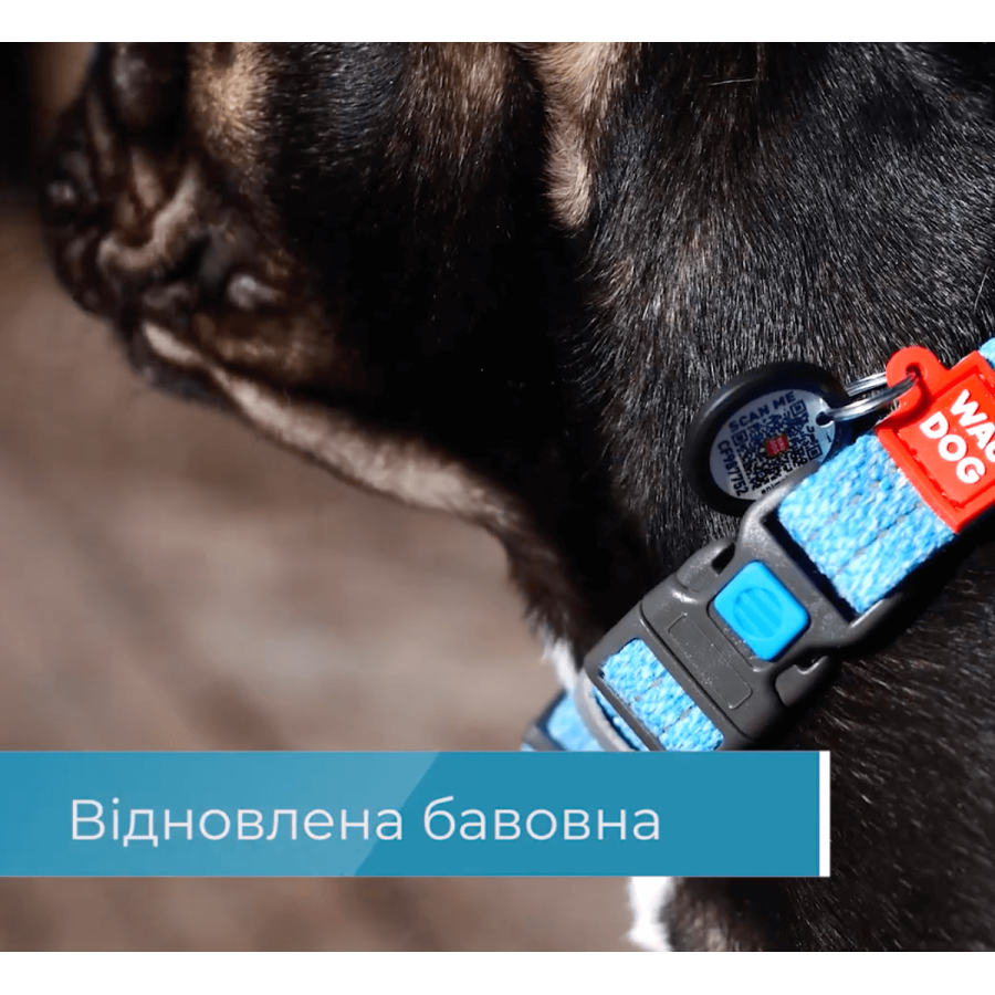Нашийник для собак WAUDOG Re-cotton з QR паспортом, з відновленої бавовни, пластикова пряжка, блакитний