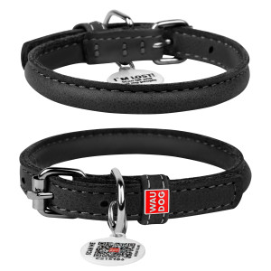 WAUDOG Soft genuine leather dog collar with QR passport, black, D 10 mm L 39-47 cm
