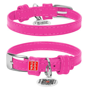 WAUDOG Glamour genuine leather dog collar with QR passport, without decorations, pink, W 25 mm, L 38-49 cm