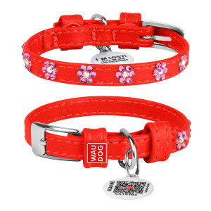 WAUDOG Glamour genuine leather dog collar with QR passport, glued decorations, red, W 15 mm, L 27-36 cm