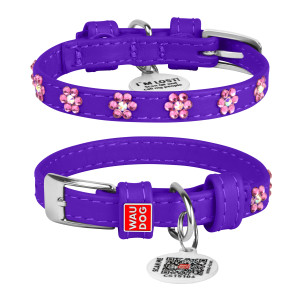 WAUDOG Glamour genuine leather dog collar with QR passport, glued decorations, purple, W 15 mm, L 27-36 cm