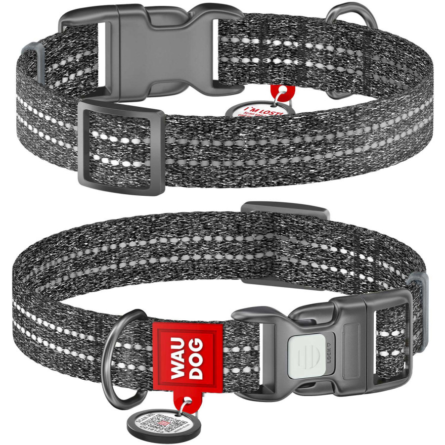 Ошейник для собак WAUDOG Re-cotton с QR паспортом, из восстановленного хлопка, пластиковая пряжка, серый