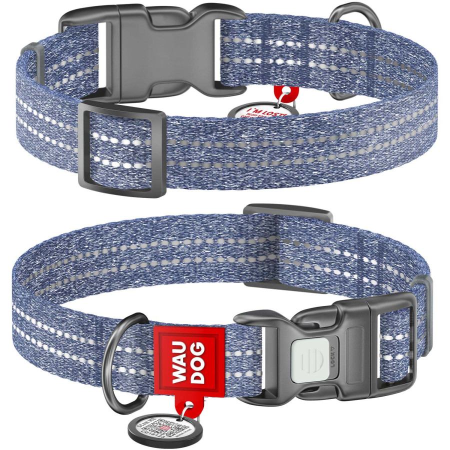 Ошейник для собак WAUDOG Re-cotton с QR паспортом, из восстановленного хлопка, пластиковая пряжка, синий