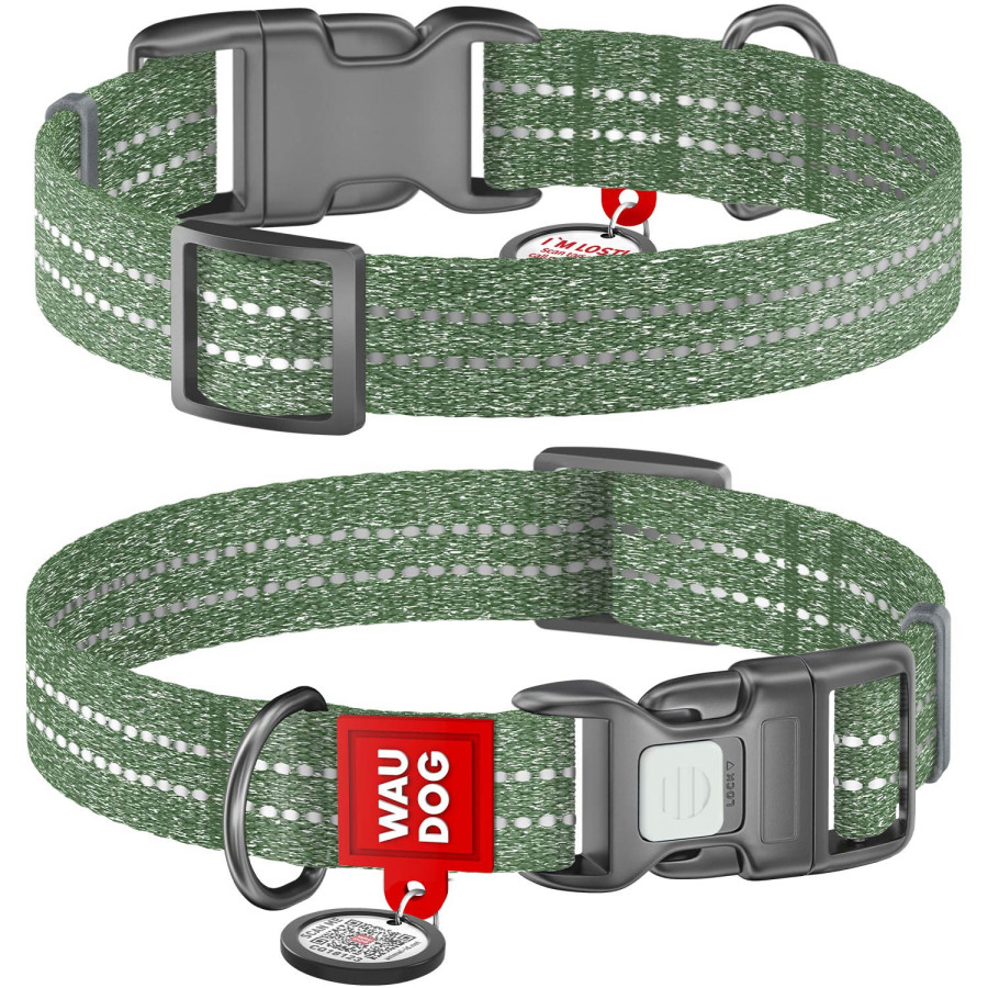 Ошейник для собак WAUDOG Re-cotton с QR паспортом, из восстановленного хлопка, пластиковая пряжка, зеленый