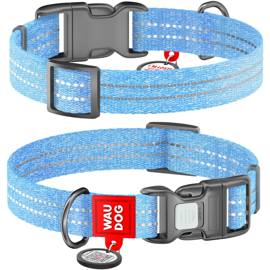 Нашийник для собак WAUDOG Re-cotton з QR паспортом, з відновленої бавовни, пластикова пряжка, блакитний
