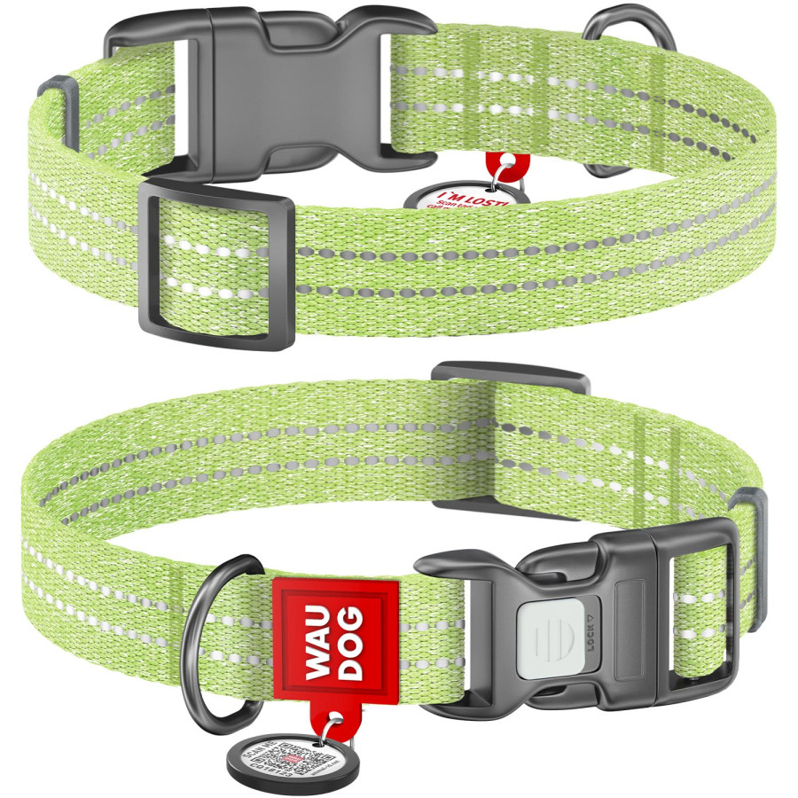 Ошейник для собак WAUDOG Re-cotton с QR паспортом, из восстановленного хлопка, пластиковая пряжка, салатовый