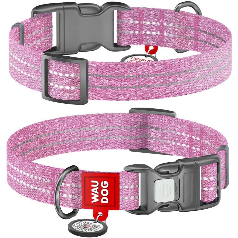 Ошейник для собак WAUDOG Re-cotton с QR паспортом, из восстановленного хлопка, пластиковая пряжка, розовый