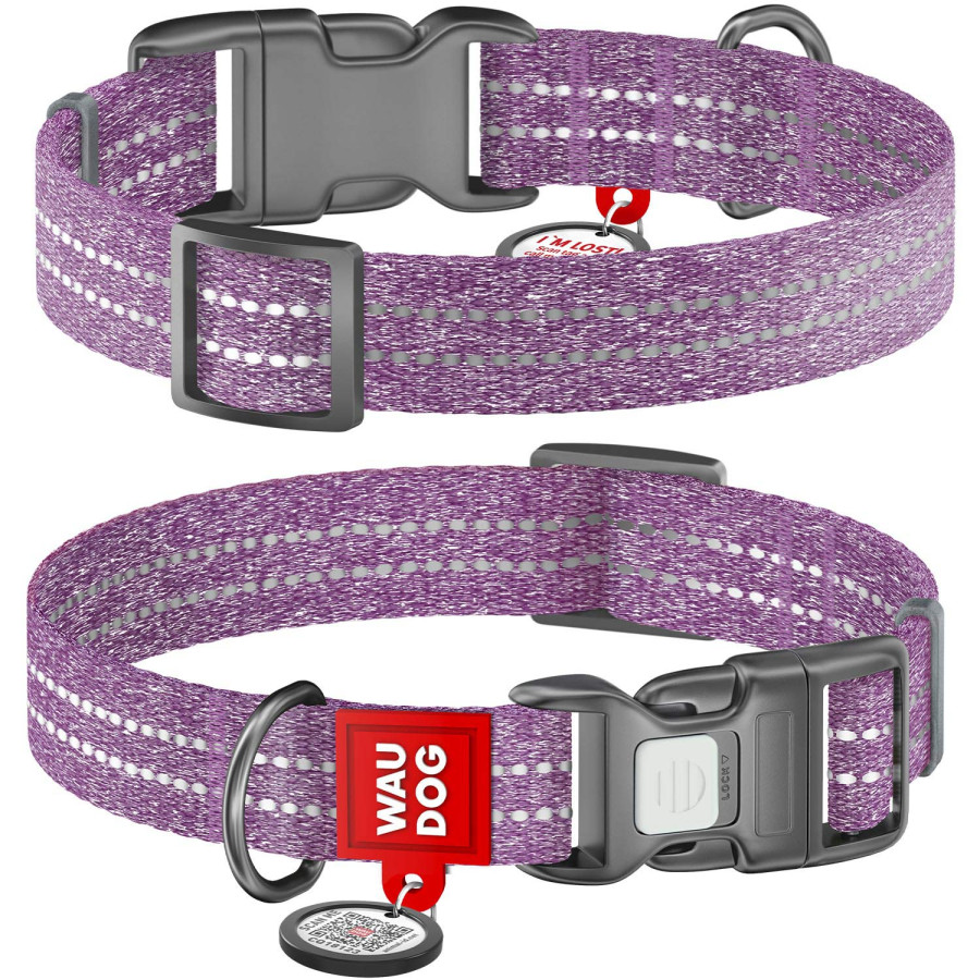Ошейник для собак WAUDOG Re-cotton с QR паспортом, из восстановленного хлопка, пластиковая пряжка, фиолетовый