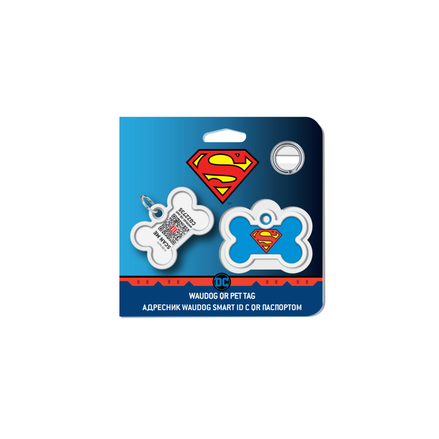Адресник для собак и котов металлический WAUDOG Smart ID c QR паспортом, рисунок "Супермен-герой", кость