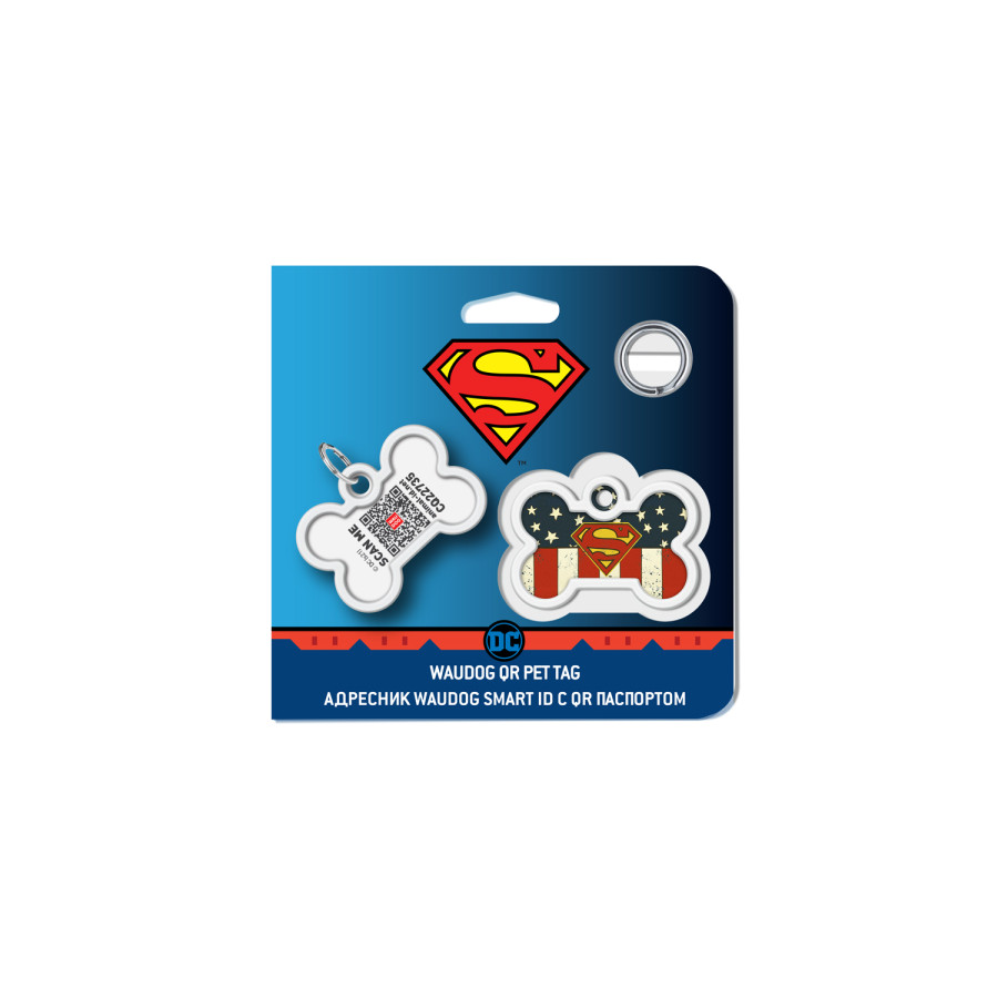 Адресник для собак і котів металевий WAUDOG Smart ID з QR паспортом, малюнок "Супермен Америка", кістка