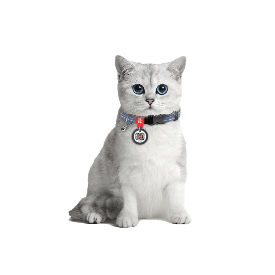 Нашийник для котів з відновленої бавовни WAUDOG Re-cotton з QR паспортом, світловідбивний, пластикова пряжка, розмір XS, ширина 10 мм, довжина 20-30 см, синій