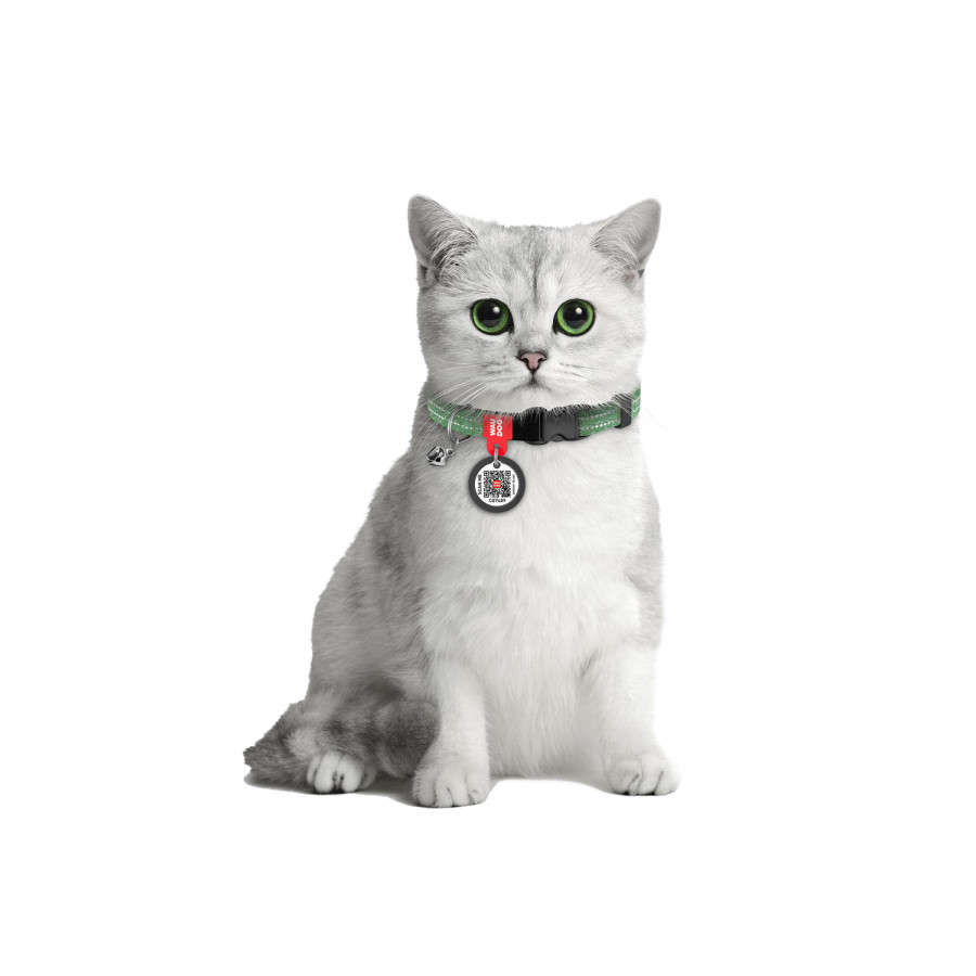 Нашийник для котів з відновленої бавовни WAUDOG Re-cotton з QR паспортом, світловідбивний, пластикова пряжка, розмір XS, ширина 10 мм, довжина 20-30 см, зелений