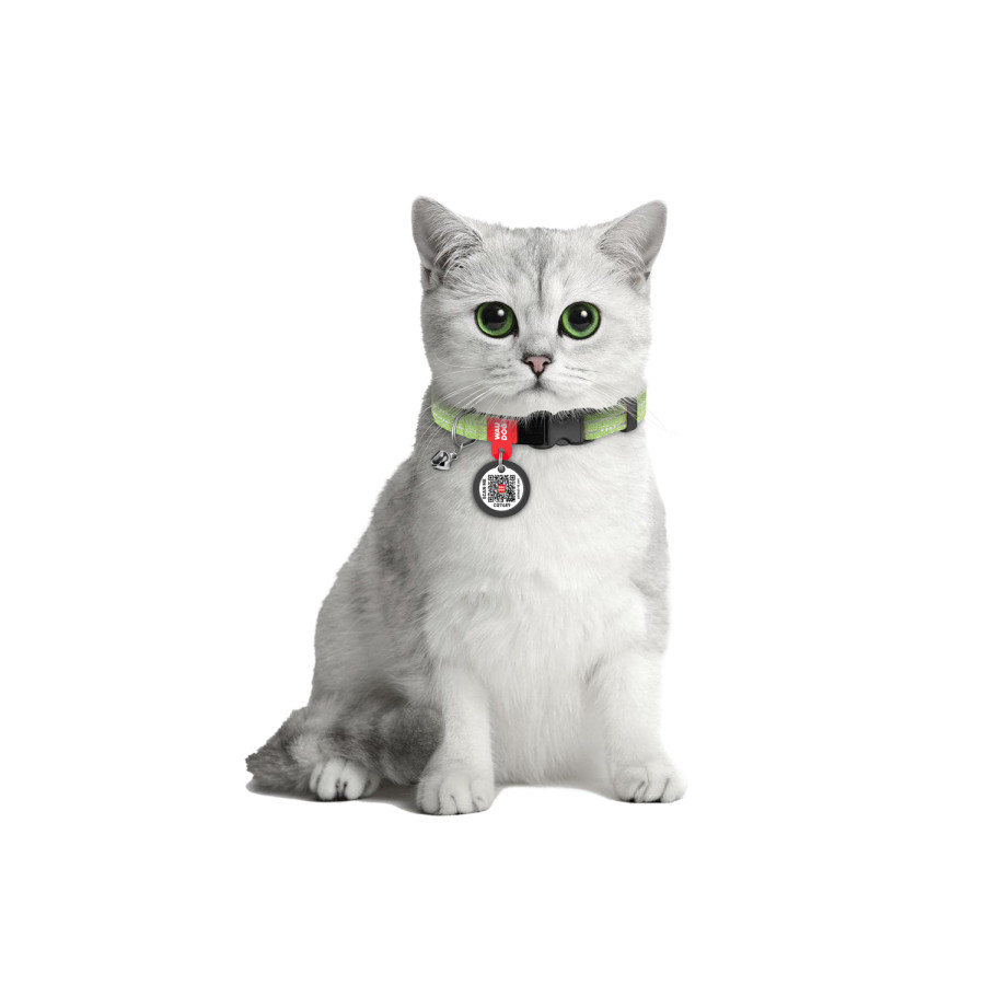 Нашийник для котів з відновленої бавовни WAUDOG Re-cotton з QR паспортом, світловідбивний, пластикова пряжка, розмір XS, ширина 10 мм, довжина 20-30 см, салатовий