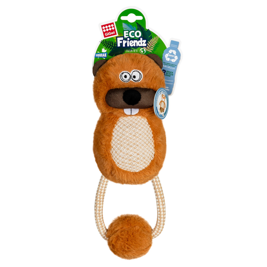 Іграшка для собак Бобер з пищалкою та мотузкою GiGwi ECO FRIENDZ, перероблений текстиль, М, 30 см