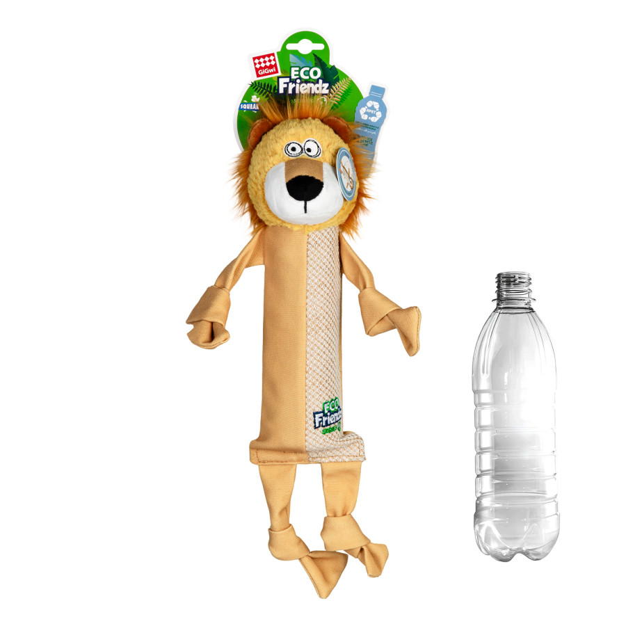 Іграшка для собак Лев з пластиковою пляшкою та пищалкою GiGwi ECO FRIENDZ, перероблений текстиль, ПЕТ, L, 39 см