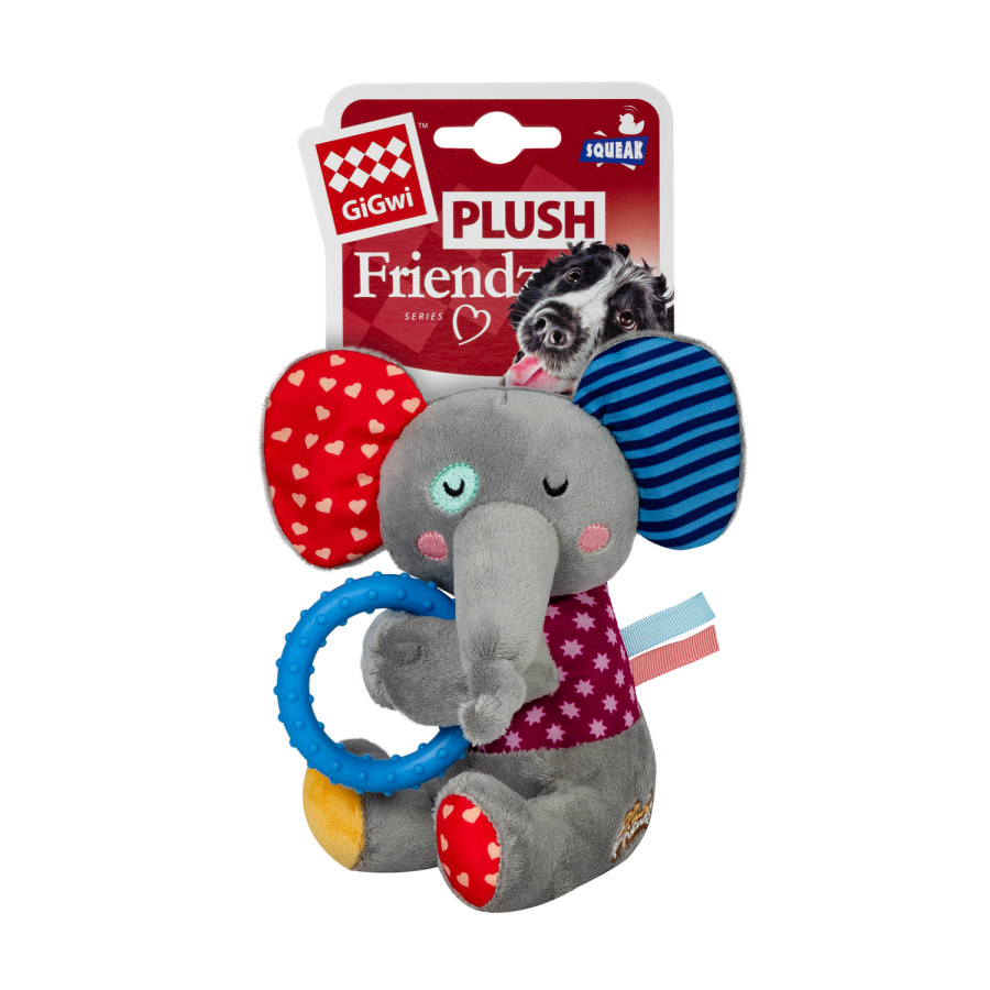 Игрушка для собак Слоненок с кольцом и пищалкой GiGwi Plush, текстиль, термопластичная резина, 16 см