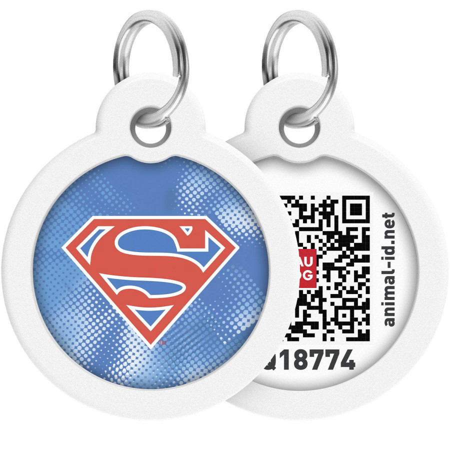 Адресник для собак і котів металевий WAUDOG Smart ID з QR паспортом, малюнок "Cупермен ретро"