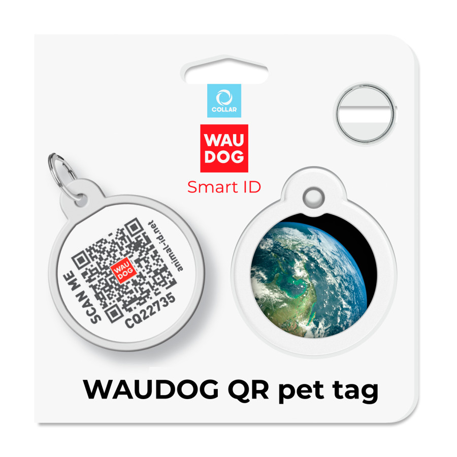 Адресник для собак і котів металевий WAUDOG Smart  ID з QR паспортом, малюнок "Земля", круг