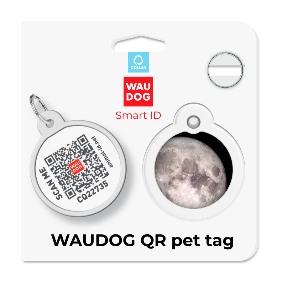 Адресник для собак и котов металлический WAUDOG Smart ID c QR паспортом, рисунок "Луна", круг