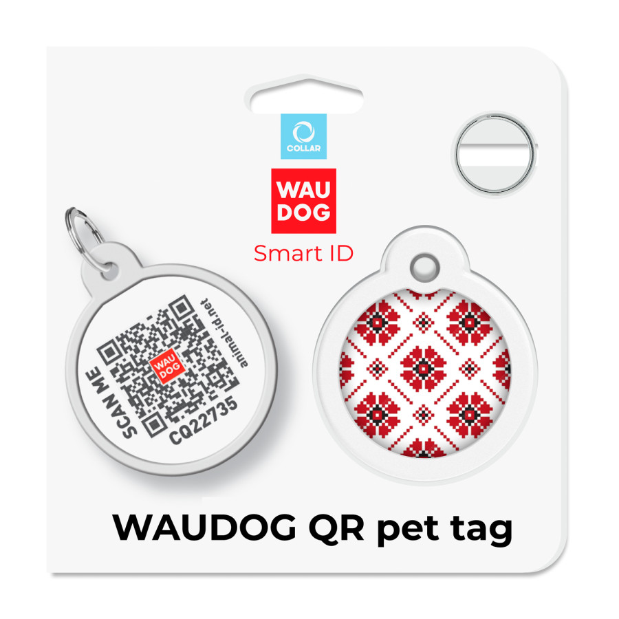 Адресник для собак і котів металевий WAUDOG Smart  ID з QR паспортом, малюнок "Вишиванка", круг