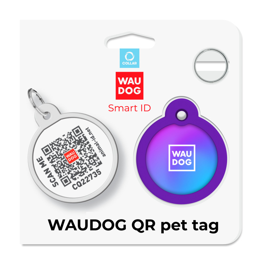 Адресник для собак и котов металлический WAUDOG Smart ID c QR паспортом, рисунок "Градиент фиолетовый", круг