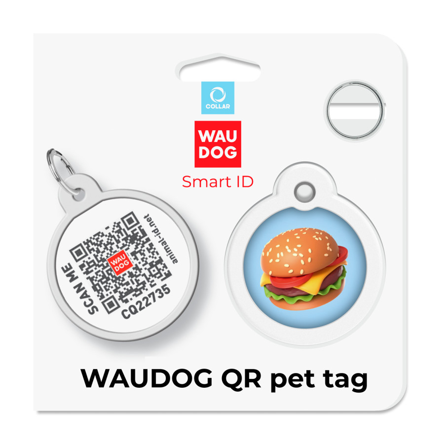 Адресник для собак і котів металевий WAUDOG Smart  ID з QR паспортом, малюнок "Гамбургер", круг