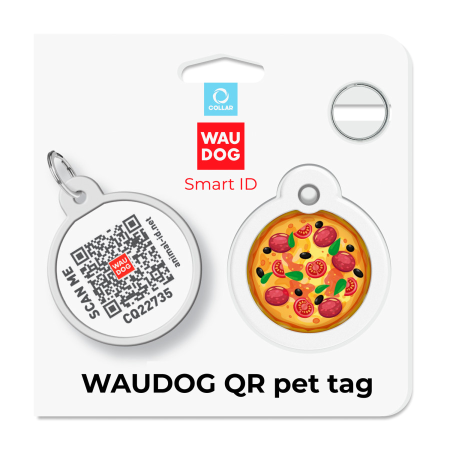 Адресник для собак и котов металлический WAUDOG Smart ID c QR паспортом, рисунок "Пицца", круг
