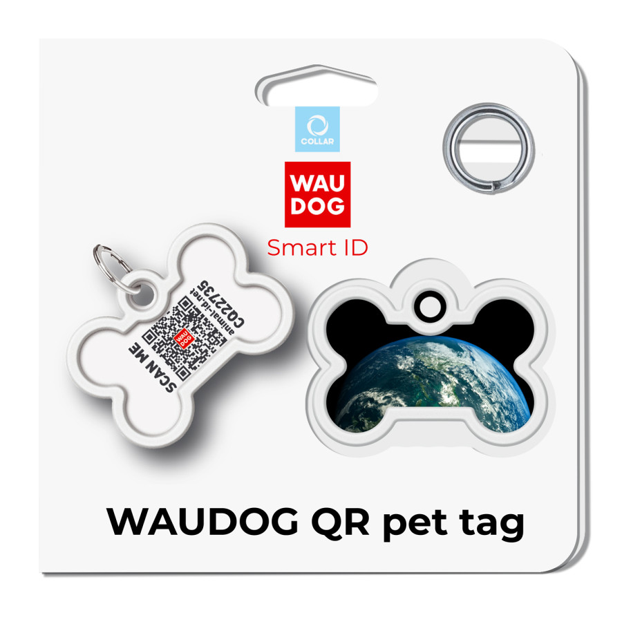 Адресник для собак и котов металлический WAUDOG Smart ID c QR паспортом, рисунок "Земля", кость