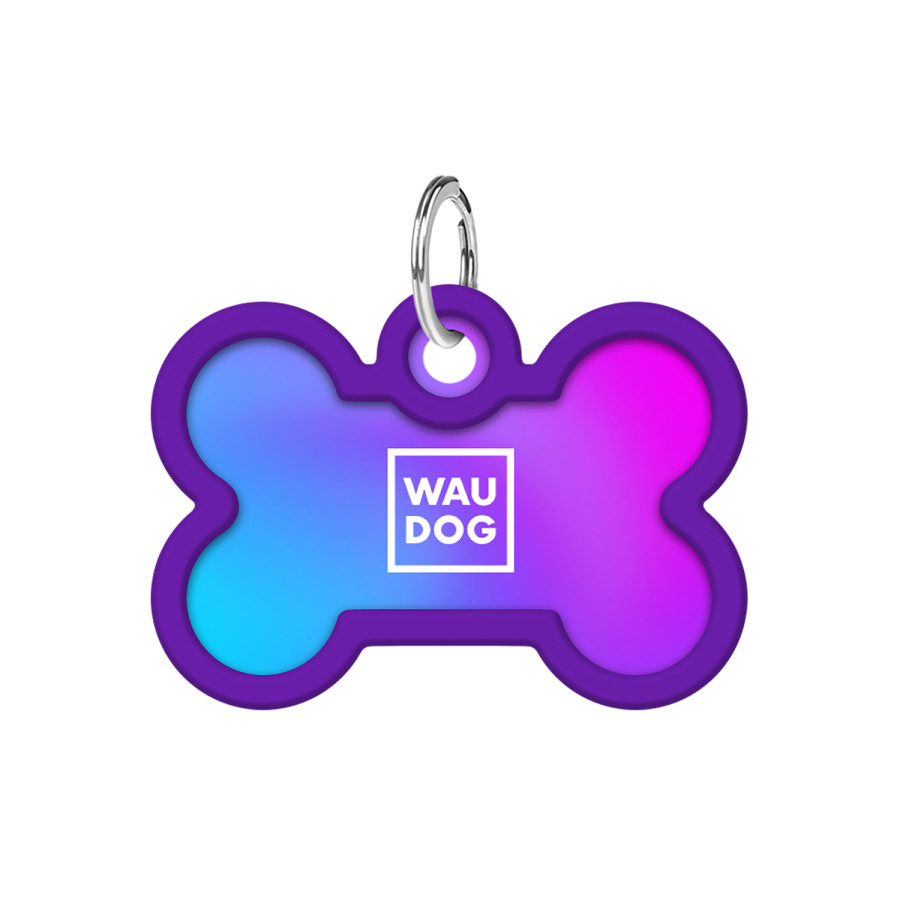 Адресник для собак і котів металевий WAUDOG Smart  ID з QR паспортом, малюнок "Градієнт фіолетовий", кістка
