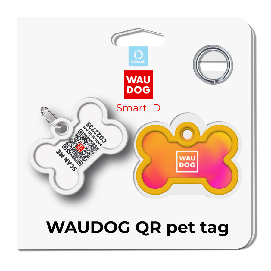 Адресник для собак і котів металевий WAUDOG Smart  ID з QR паспортом, малюнок "Градієнт помаранчевий", кістка