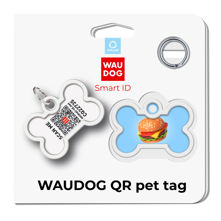 Адресник для собак і котів металевий WAUDOG Smart  ID з QR паспортом, малюнок "Гамбургер", кістка