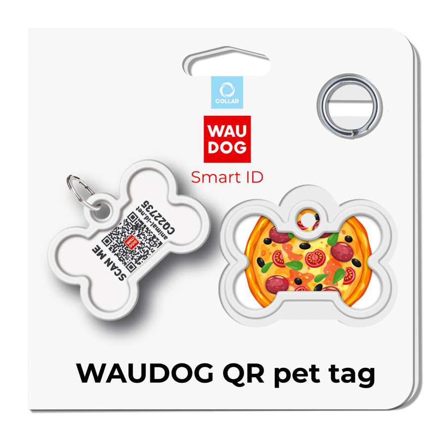 Адресник для собак і котів металевий WAUDOG Smart  ID з QR паспортом, малюнок "Піца", кістка