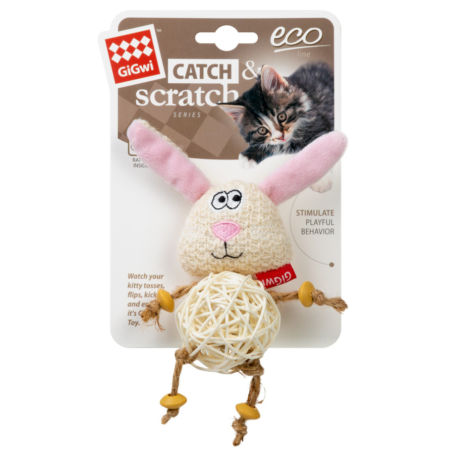 Игрушка для котов Зайчик с плетеным мячиком и колокольчиком GiGwi Catch&scratch, полиэстер, 10 см