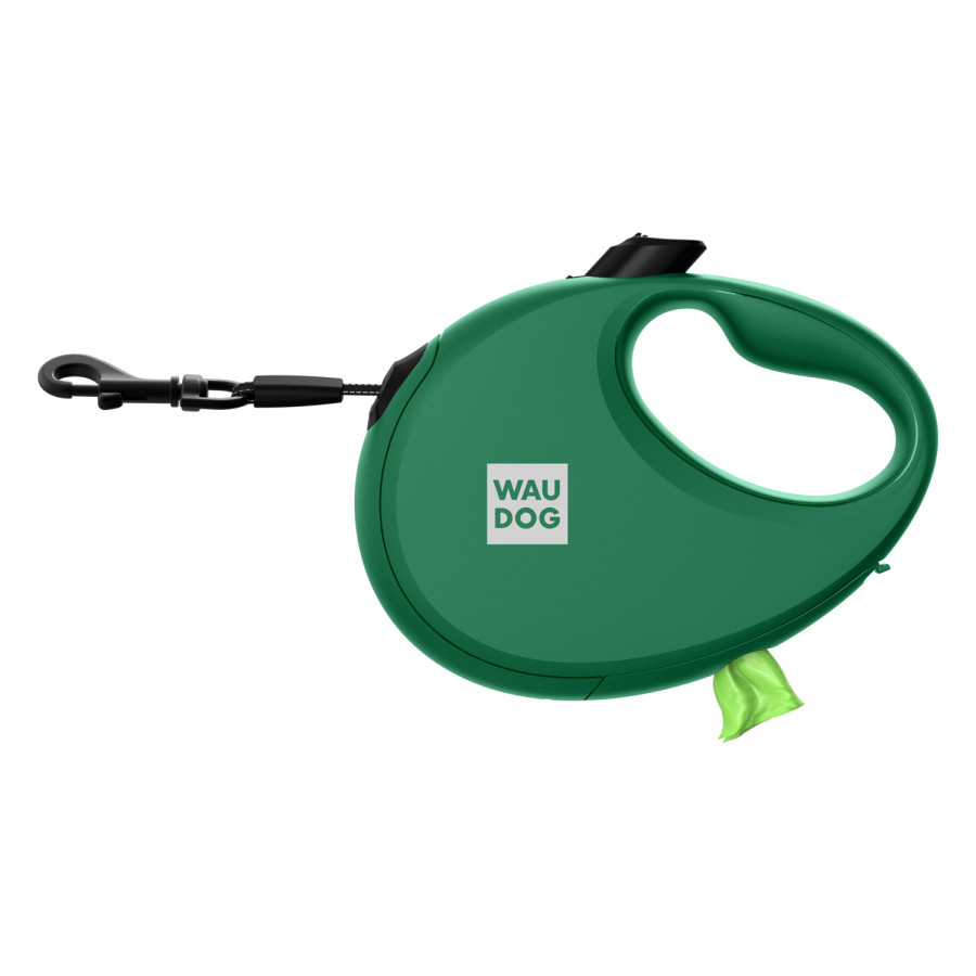 Повідець-рулетка для собак WAUDOG R-leash з  контейнером для пакетів, світловідбивна стрічка, зелений