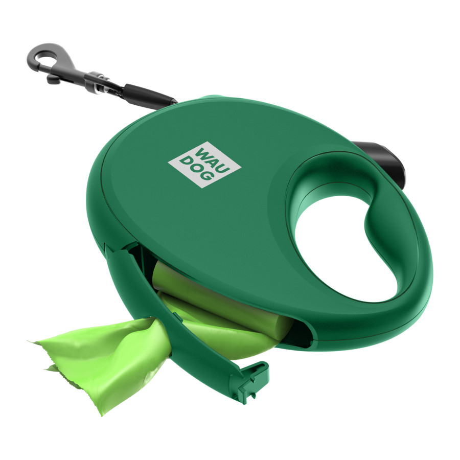 Повідець-рулетка для собак WAUDOG R-leash з  контейнером для пакетів, світловідбивна стрічка, зелений