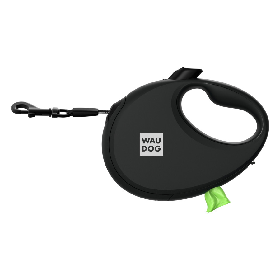 Повідець-рулетка для собак WAUDOG R-leash з  контейнером для пакетів, світловідбивна стрічка, чорний