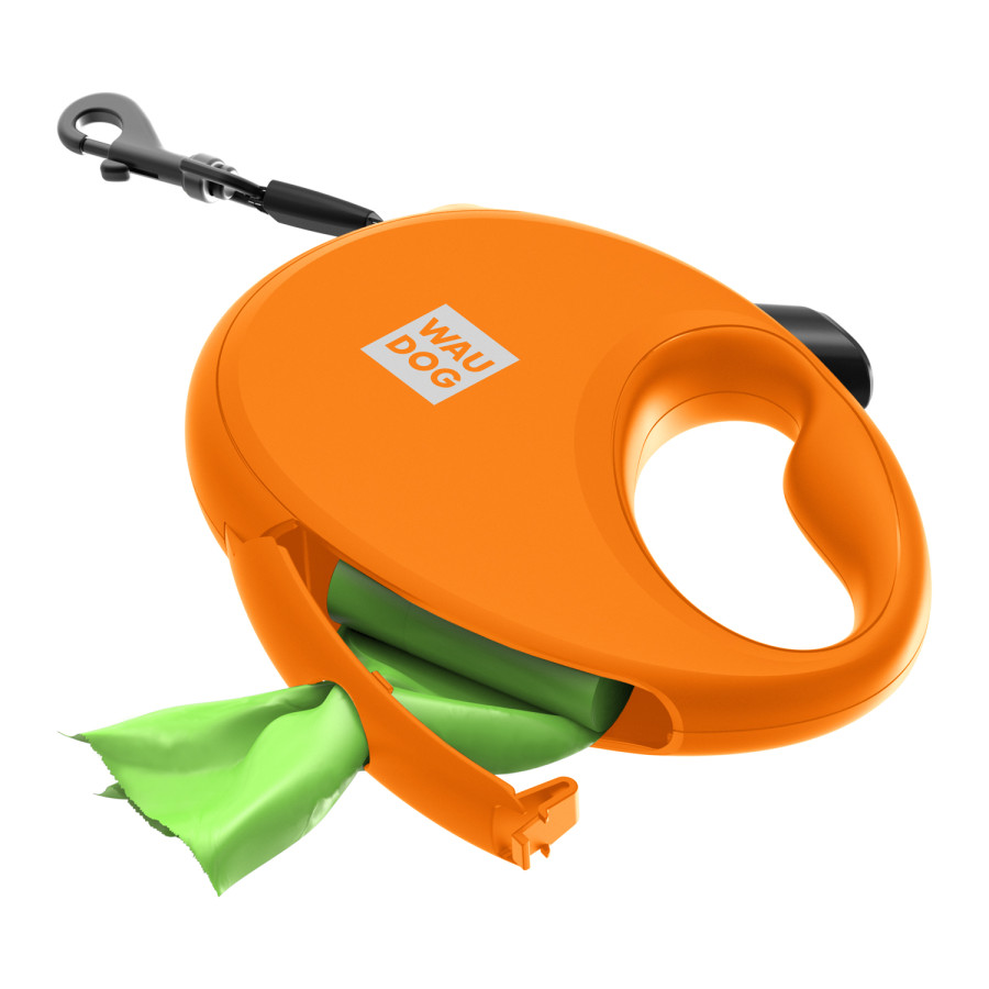Поводок-рулетка для собак WAUDOG R-leash с контейнером для пакетов, светоотражающая лента, оранжевый