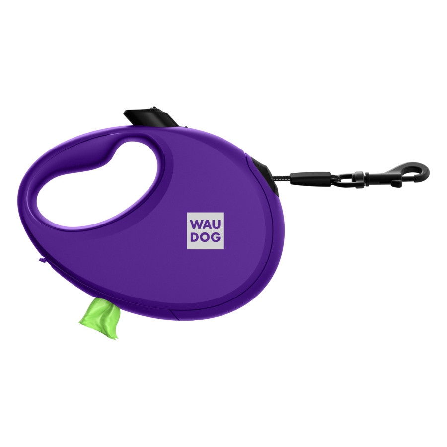 Повідець-рулетка для собак WAUDOG R-leash з  контейнером для пакетів, світловідбивна стрічка, фіолетовий