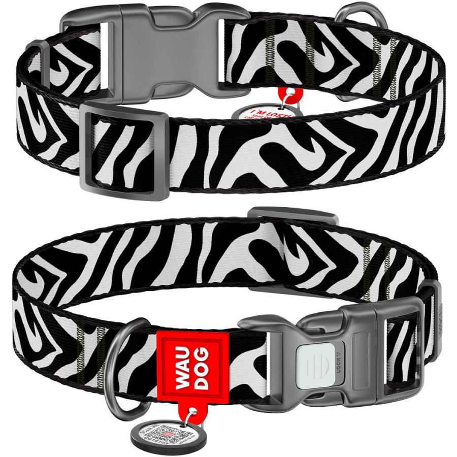 Нашийник для собак нейлоновий WAUDOG Nylon з QR паспортом, малюнок "Зебра", пластиковий фастекс