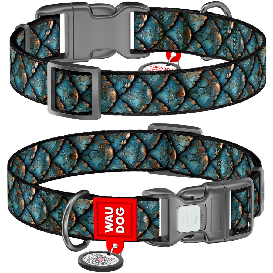 Нашийник для собак нейлоновий WAUDOG Nylon з QR паспортом, малюнок "Луска", пластиковий фастекс