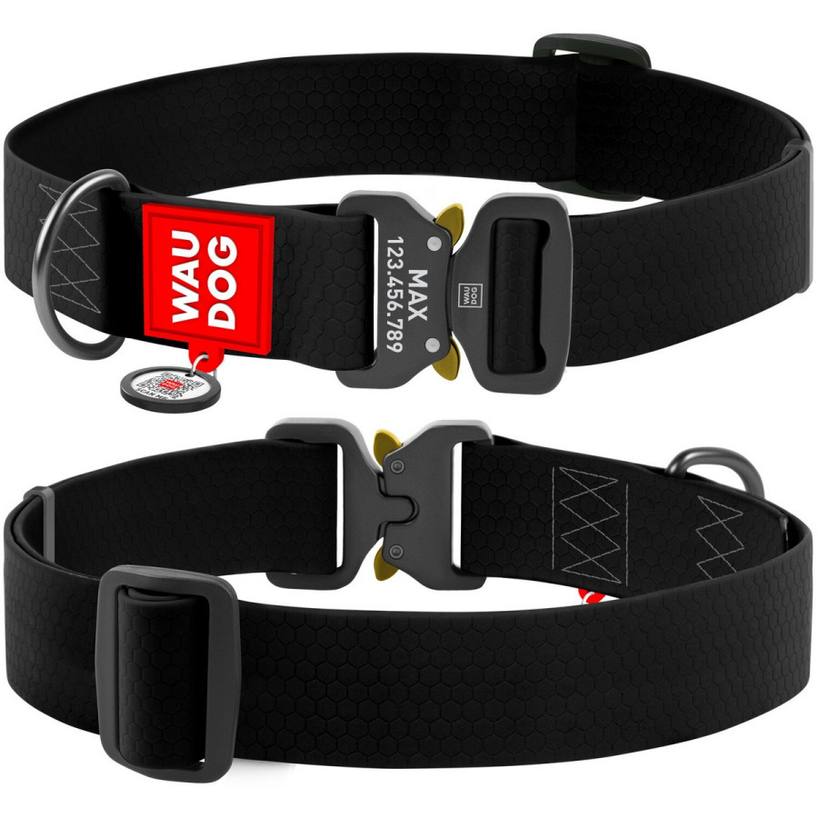 WAUDOG Waterproof dog collar with QR-passport, metal fastex, black (width 40 mm, length 43-70 cm)