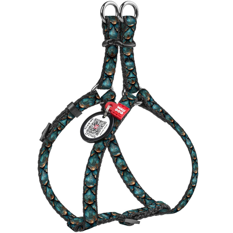 Шлея для котів та дрібних порід собак WAUDOG Nylon з QR паспортом, малюнок "Луска", пластиковий фастекс
