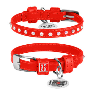 WAUDOG Glamour genuine leather dog collar with QR passport, glued decorations, red, W 15 mm, L 27-36 cm