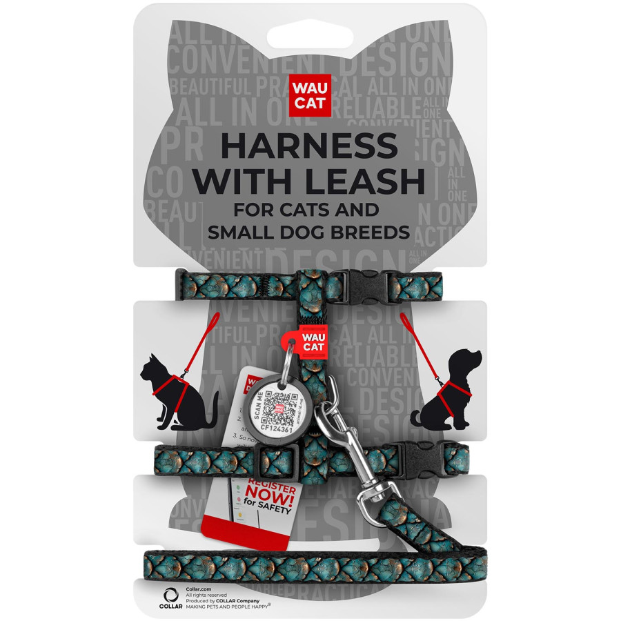 Шлея з повідцем для котів та дрібних порід собак WAUCAT Nylon з QR паспортом, малюнок "Луска", пластиковий фастекс