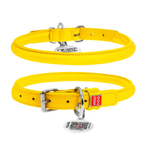 WAUDOG Glamour genuine leather dog collar with QR passport, rolled, yellow, D 10 mm, L 39-47 cm