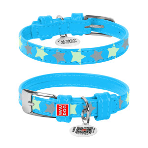 Кожаный ошейник для собак WAUDOG Glamour с узором «Звездочка» (светоотражающий и светонакапливающий рисунок) Голубой