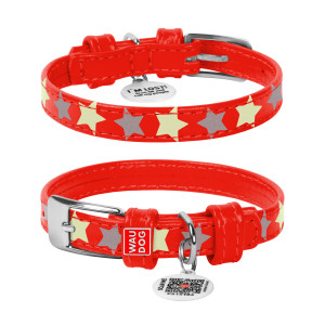 Кожаный ошейник для собак WAUDOG Glamour с узором «Звездочка» (светоотражающий и светонакапливающий рисунок) Красный