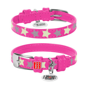 Кожаный ошейник для собак WAUDOG Glamour с узором «Звездочка» (светоотражающий и светонакапливающий рисунок) Розовый